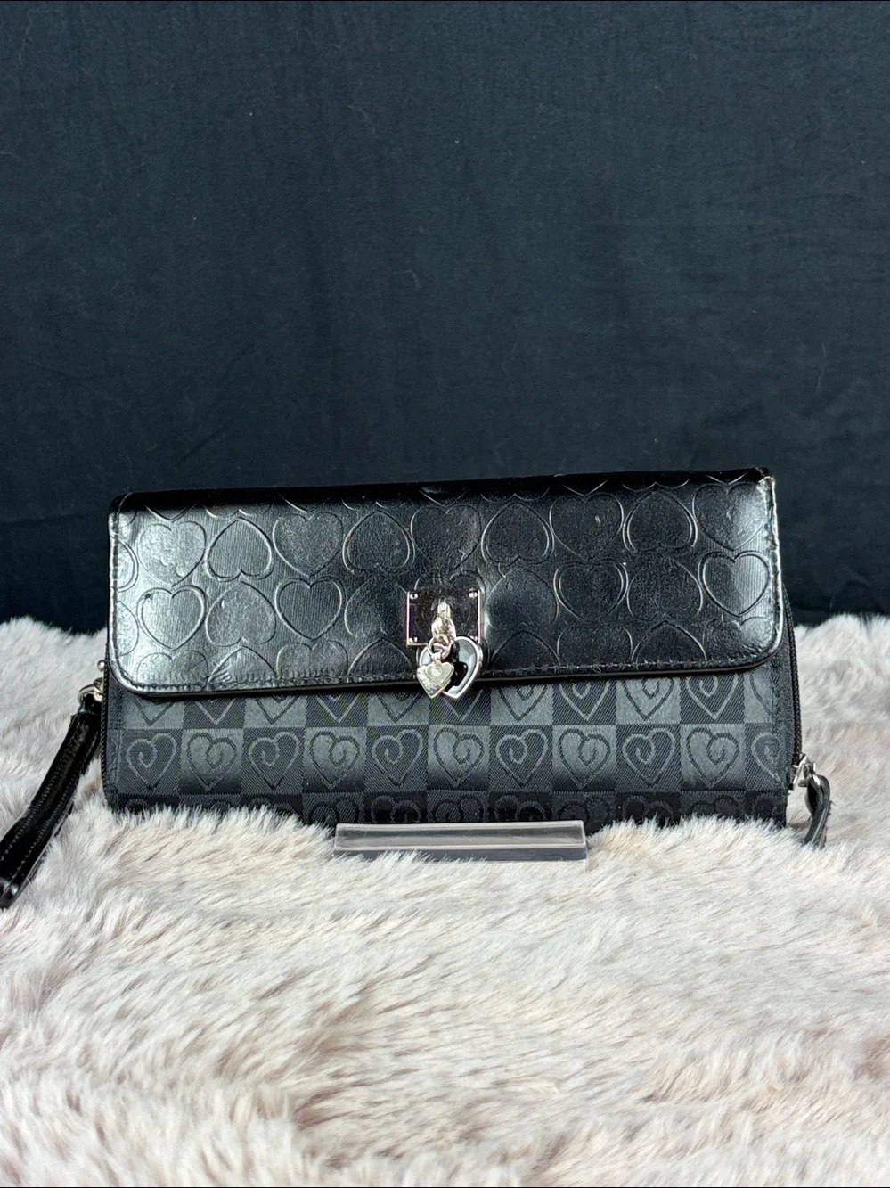 Black Heart Embossed Wristlet Clutch Wallet Heart Charm